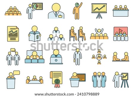 Business training presentation icons set. Outline set of business training presentation vector icons thin line color flat on white