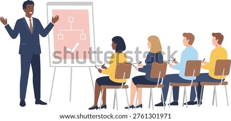 Business training presentation with manager explaining strategy on board to team, corporate workshop meeting, employee learning session, teamwork and professional development illustration