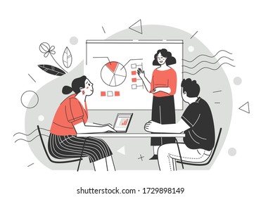 Business training, professional development of employees. Concept of meeting, presentation, annual report. Presentation for colleagues. Vector illustration