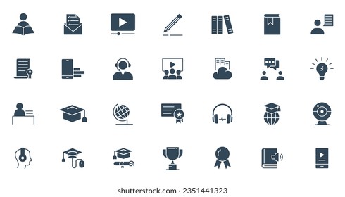 Business Training Related Icons. online class, eLearning, Teacher, Class, Presentation, Video, Book, Mentoring icon vector.