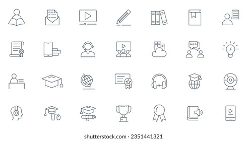 Business Training Related Line Icons. online class, eLearning, Teacher, Class, Presentation, Video, Book, Mentoring icon vector.
