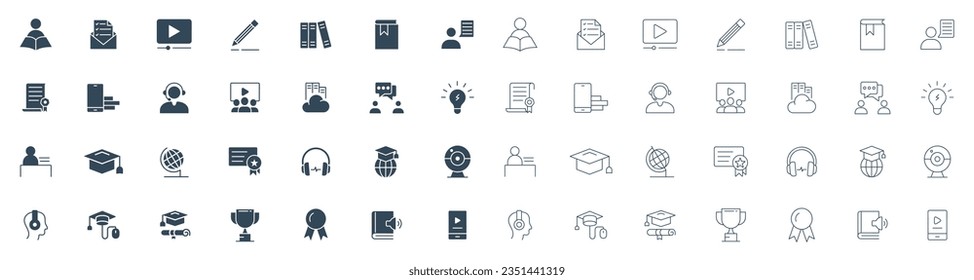 Business Training Related line and solid Icons. online class, eLearning, Teacher, Class, Presentation, Video, Book, Mentoring icon vector.