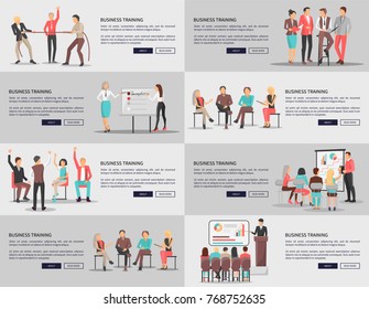 Business training seminars set of posters with co workers taking part at conference discussions and competitions vector web banners with text