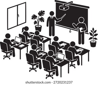 Sesión de formación empresarial o icono de Vector educativo en el aula. Presentador que apunta a una pantalla de proyector con una audiencia sentada en escritorios usando computadoras portátiles y escuchando.