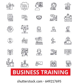 Business training, training session, learning, business meeting, presentation line icons. Editable strokes. Flat design vector illustration symbol concept. Linear signs isolated on white background