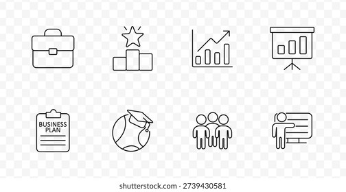 Business and training set icon. Line icons showing briefcase, podium, growth chart, presentation board, business plan clipboard, globe with cap, group, and instructor