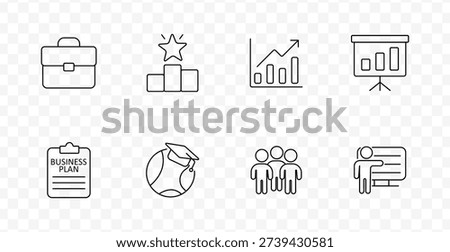 Business and training set icon. Line icons showing briefcase, podium, growth chart, presentation board, business plan clipboard, globe with cap, group, and instructor