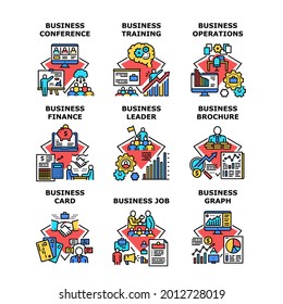 Formación Empresarial Set Icons Vector Illustrations. Capacitación Y Conferencias Empresariales, Folleto De Trabajo Y Tarjeta Gráfica, Operaciones Y Gestión De Finanzas Líderes. Ilustraciones de color de la educación de la profesión