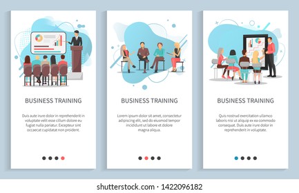 Business training set, man and woman discussing, conference and chart report, worker character brainstorming, employee cooperation, meeting vector. People on seminar. App slider, landing page flat