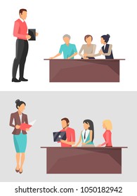 Business training set of posters representing man and woman who gave information to their employees, images on vector illustration isolated on white