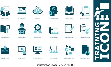 Business Training und Skill Development Icon Set für Mitarbeiterschulungen, Lernmodule und Workshops. Teal Vector Icons für Corporate Education und Coaching.