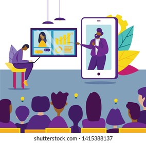 Business Training at Smart Coach Center with Coach. Conference Meeting, Online Training Courses. Distance Learning Business Education. Internet Studying Tutorials, Cartoon Flat vector Illustration