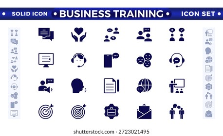Business Training Solid Icons Sammlung. Symbole für Workshops, Vorträge und Schulungen. Symbolsatz für die Benutzeroberfläche. Interpersonelle Fähigkeiten, Selbstvertrauen, Problemlösung und Kommunikation sind solide Symbole.
