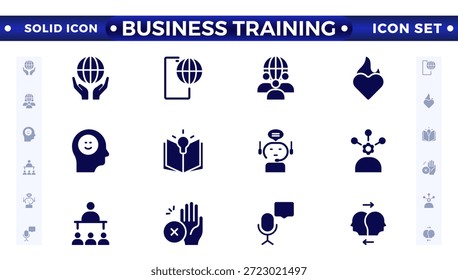 Treinamento de negócios coleção de ícones sólidos. Ícones de workshop, palestra e educação. Ícone de IU definido. Habilidades interpessoais, confiança, resolução de problemas e comunicação são ícones sólidos.
