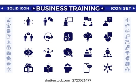 Colección de iconos sólidos de capacitación empresarial. Iconos de talleres, conferencias y educación. Conjunto de iconos de interfaz de usuario. Las habilidades interpersonales, la confianza, la resolución de problemas y la comunicación son iconos sólidos.
