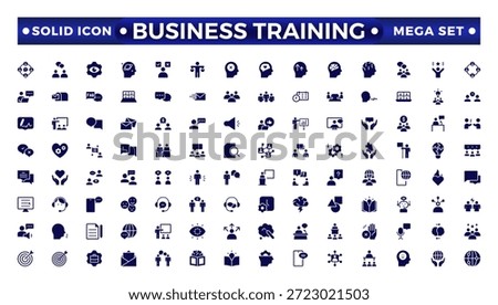 Business training solid icons collection. Workshop, lecture, and education icons. UI icon set. Interpersonal skills, confidence, problem solving, and communication are solid icons.
