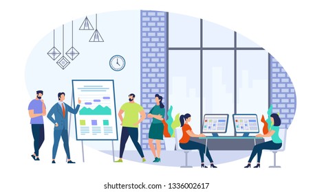 Business Training Staff with Coach in Office. Briefing Meeting. Corporate Training, Seminar. Conference Employee. Training Conference Planning Business Decisions. Cartoon Flat Vector Illustration