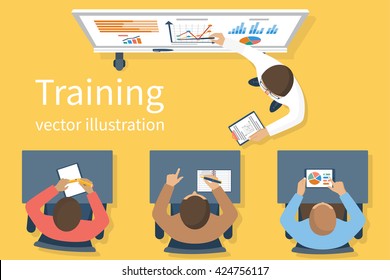 Business training staff, concept. Briefing meeting. Corporate training, seminar. Flat style vector. Conference employee. Training conference planning business decisions.