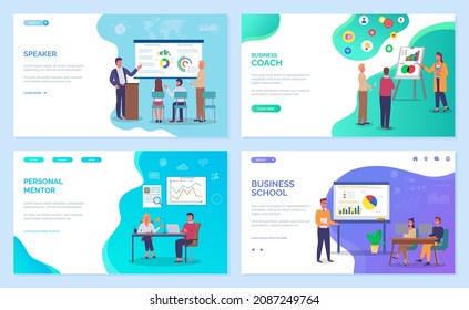 Business training staff, concept. Personal mentor and speaker landing page template. Corporate school, seminar. Flat style vector. Conference employee. Training conference planning business decisions