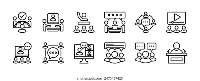 Conjunto de iconos de línea delgada de formación empresarial. Video Conteniendo conferencia, presentación, educación, coaching, comunicación, discusión, reunión, aprendizaje, en línea Ilustración vectorial