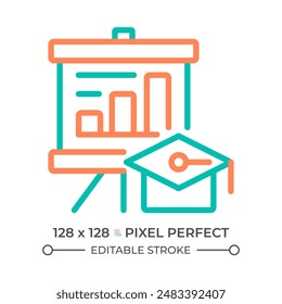 Business training two color line icon. Presentation board and graduation cap bicolor outline symbol. Professional development. Duotone linear pictogram. Isolated illustration. Editable stroke