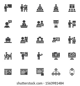 Business training vector icons set, modern solid symbol collection, filled style pictogram pack. Signs, logo illustration. Set includes icons as Employee replacement, business presentation screen