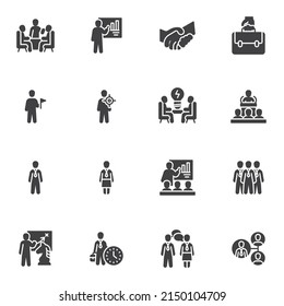 Business training vector icons set, modern solid symbol collection, filled style pictogram pack. Signs logo illustration. Set includes icons as business presentation, teamwork, strategy planning, idea