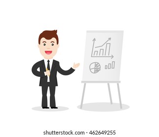 Business Training vector illustration. Speaker in a suit and with microphone standing near flipchart. Businessman speaking to the audience concept.