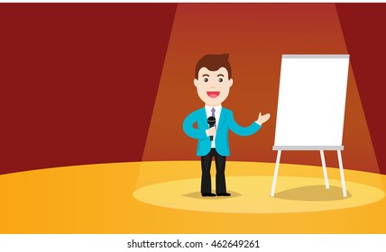 Business Training vector illustration. Speaker in a suit and with microphone standing near flipchart. Speaking to the audience concept.