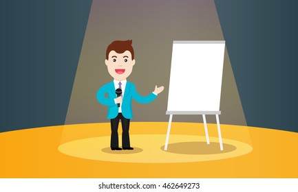 Business Training vector illustration. Speaker in a suit and with microphone standing near flipchart. Speaking to the audience concept.