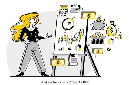 Business training vector outline illustration, woman coach instructor teaches people in a seminar conference about business and finance, skill-up.