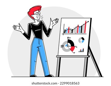 Business training vector outline illustration, coach instructor teaches people in a seminar conference about business and finance, skill-up.