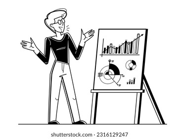 Business training vector outline illustration, coach instructor teaches people in a seminar conference about business and finance, skill-up.