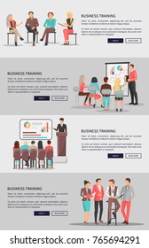 Business training vector web posters set with coworkers sitting on chairs, people at conference discussing issues near blackboard or standing nearby