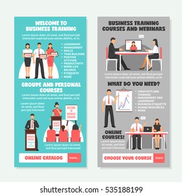 Business training vertical banners with presentation of different types of learning and teaching strategies vector illustration