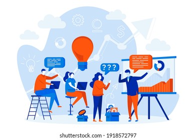 Business Training Web Design Concept With People. Business Coach Speaking Scene. Career Development And Motivation Composition In Flat Style. Vector Illustration For Social Media Promotional Materials