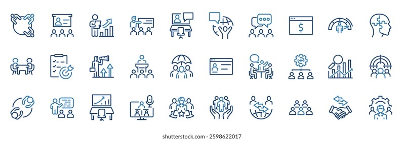 Business training web line icon set. Set of 30 outline icons related to business training, education, seminar, course, coaching, mentoring, meeting and others. Editable stroke. Vector illustration.