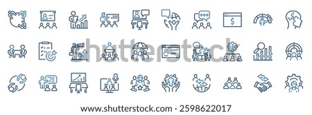 Business training web line icon set. Set of 30 outline icons related to business training, education, seminar, course, coaching, mentoring, meeting and others. Editable stroke. Vector illustration.