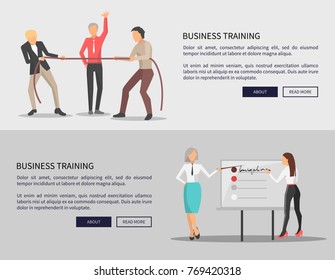 Business training web posters with competition of two men in process of training, people pulling rope, women discussing issues near chart on vector