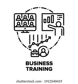 Business Training Webinar Vector Icon Concept. Online Educational Webinar, Video Call Communication With Students And Teacher, Online Business And Financial Courses Black Illustration