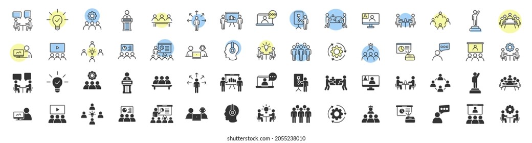 Business training and workshop excellent icons collection in two different styles