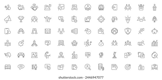 Business training and workshop icon collection. Training, coaching, mentoring, education, meeting, conference, teamwork, problem solving icon set. Business Workshop line icons set.