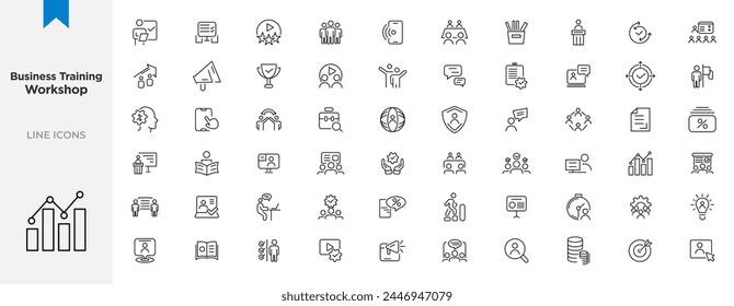 Business training and workshop icon collection. Training, coaching, mentoring, education, meeting, conference, teamwork, problem solving icon set. Business Workshop line icons set.