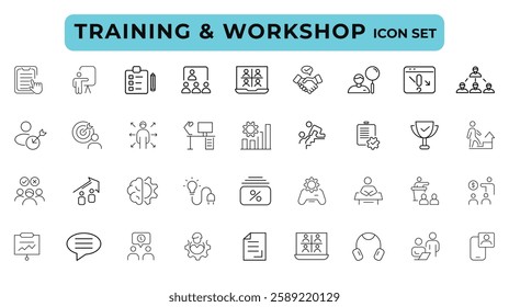 Business training and workshop icon collection. Training, coaching, mentoring, education, meeting, conference, teamwork, problem solving icon set. Business Workshop line icons set.