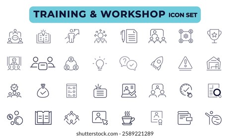 Business training and workshop icon collection. Training, coaching, mentoring, education, meeting, conference, teamwork, problem solving icon set. Business Workshop line icons set.