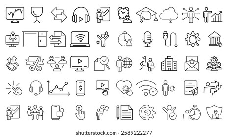 Business training and workshop icon collection. Training, coaching, mentoring, education, meeting, conference, teamwork, problem solving icon set. Business Workshop line icons set.