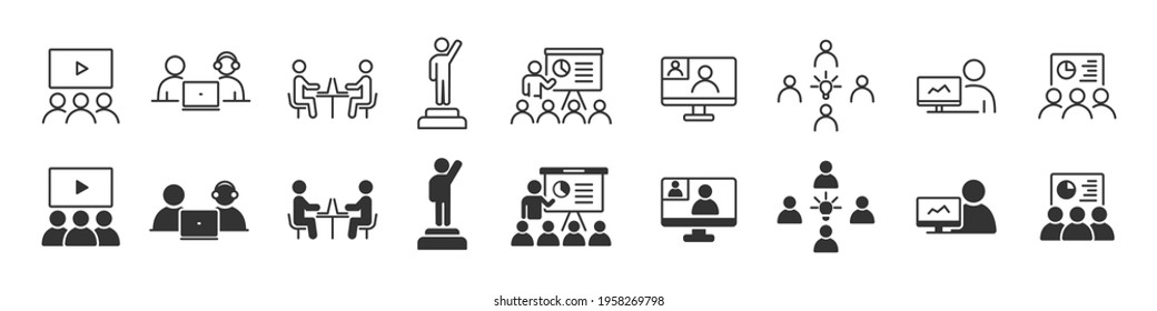 Business training and workshop icons collection in two different styles