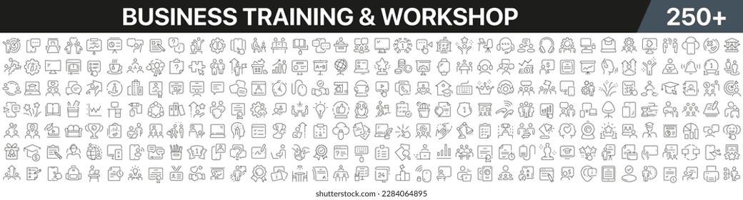 Business training and workshop linear icons collection. Big set of more 250 thin line icons in black. Business training and workshop black icons. Vector illustration