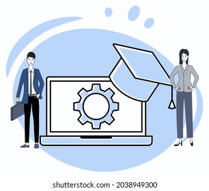 Business trainings.Online education and business advice.Advanced training courses.People on the background of a laptop as a symbol of education.Flat vector illustration.