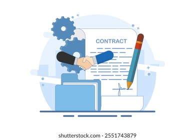 Business Transaction Concept, Contract and Signature Document, Government Policy, Agreement, Trust, Businessman Leader or Client Using Pen to Sign Document. Flat Vector Illustration.